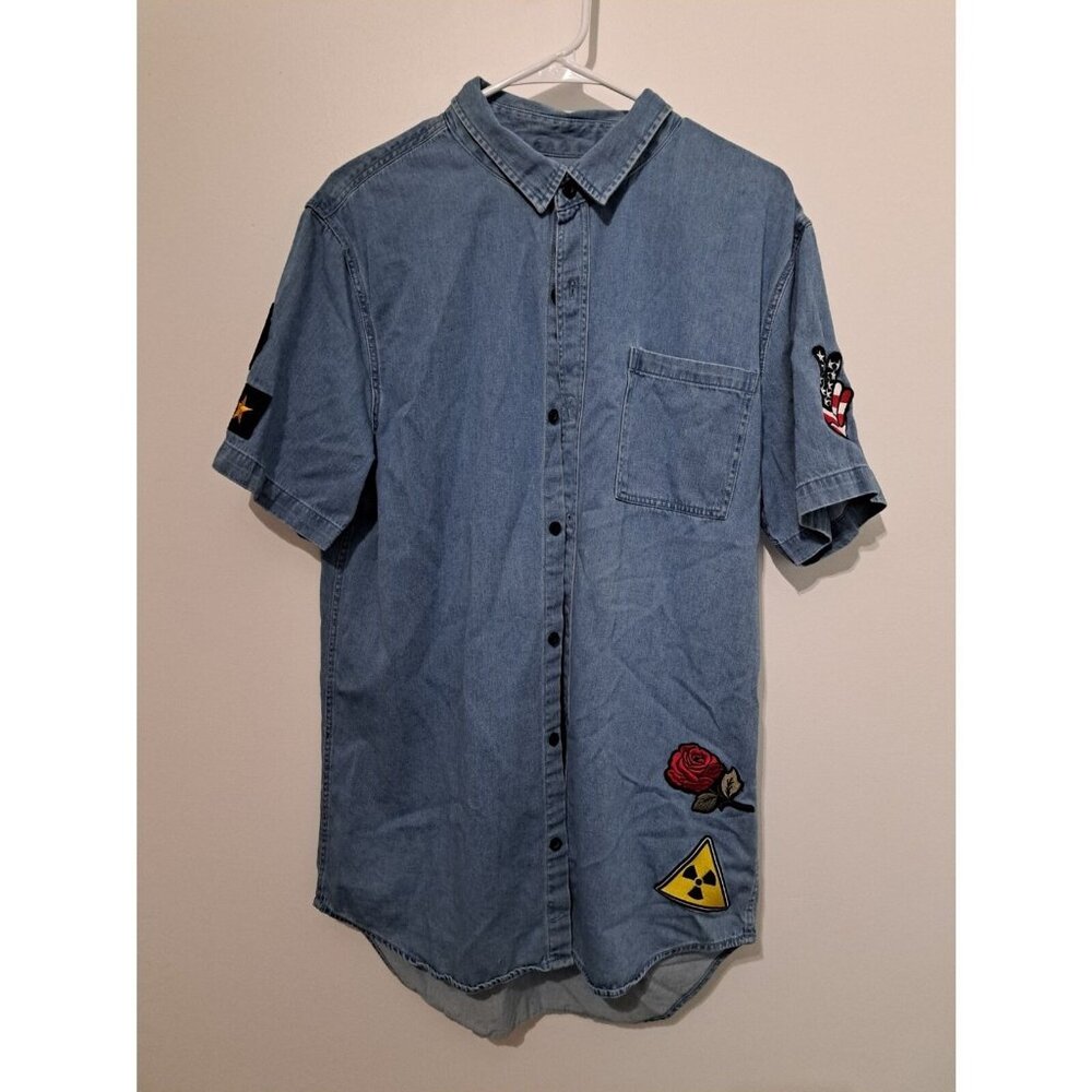 PacSun Mens Longer Fit Button Up Size L  Denim, Lightweight, Patches